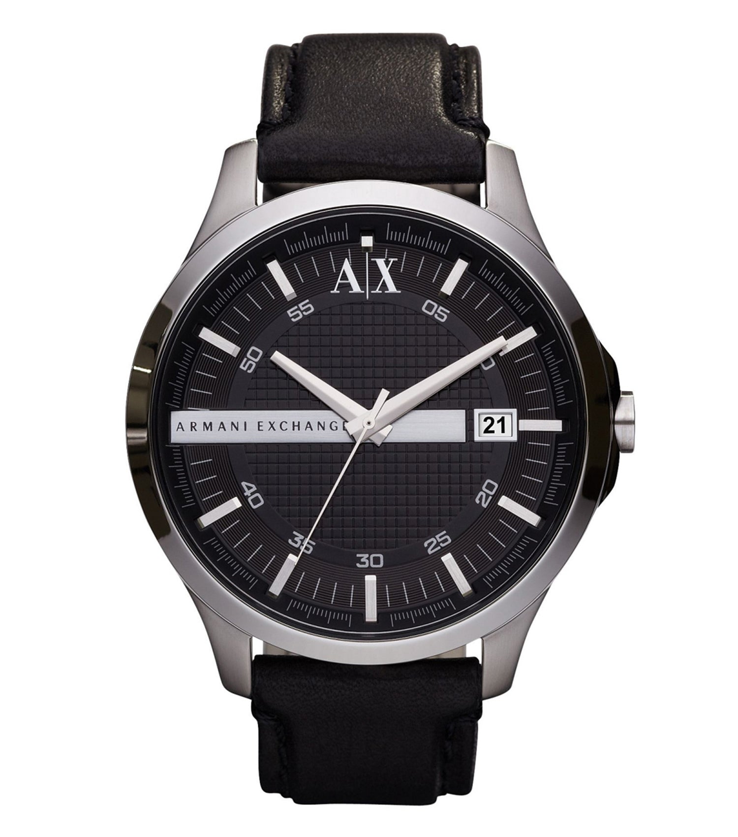 Armani Exchange silver watch in elegant side angle, showcasing chic dial and sleek metal bracelet, ideal for fashion enthusiasts.