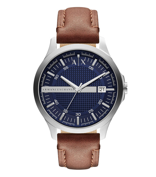 Armani Exchange men's quartz watch with black dial, stainless steel bracelet, photographed at a 45-degree angle for a sleek look.
