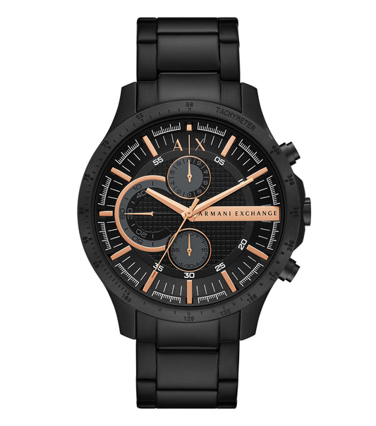 Armani Exchange sleek round dial watch, AX2429 model, side view; features black leather strap, minimalist black face with silver accents.
