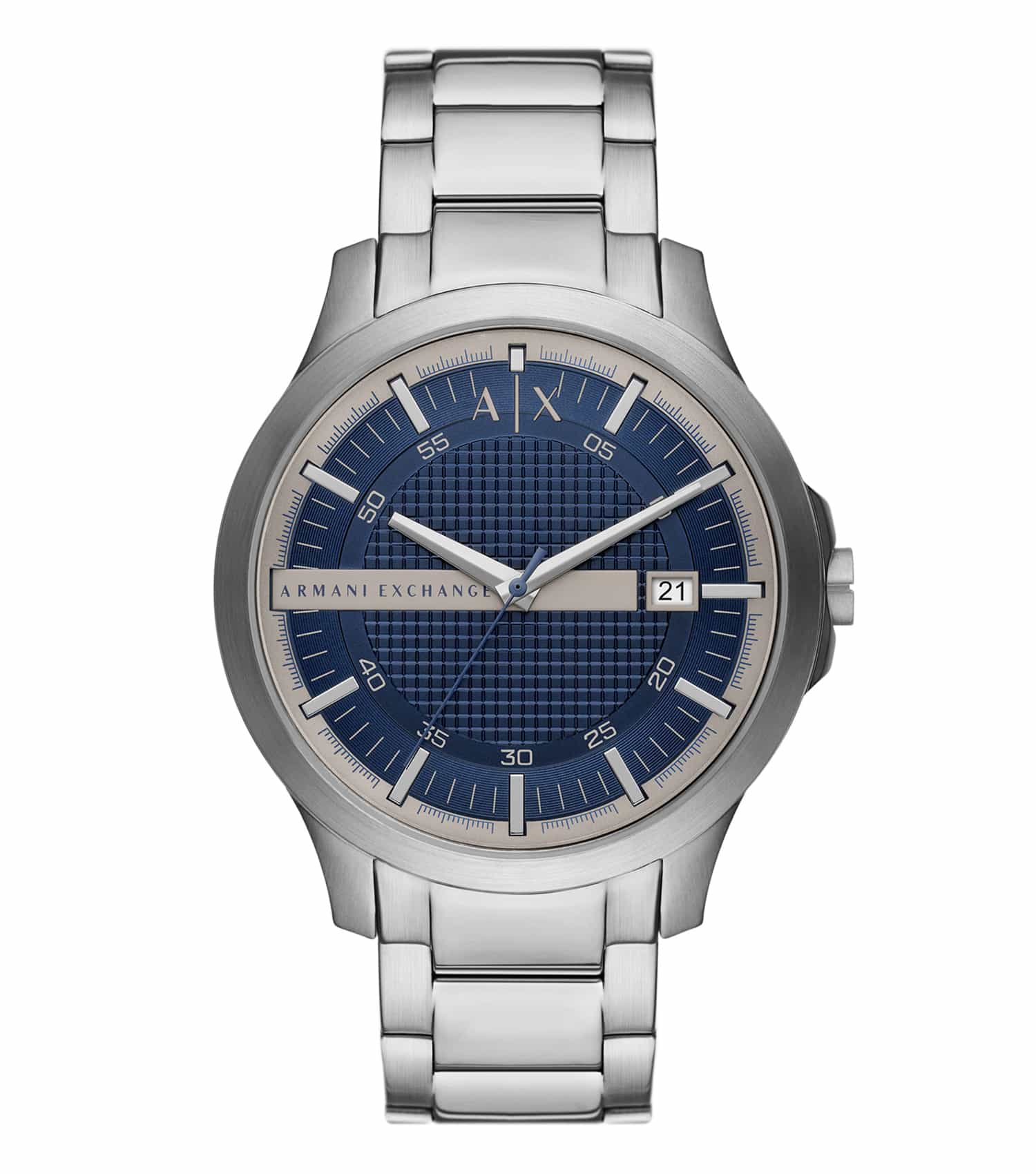 Armani Exchange silver watch, AX2451 model, displayed at a 45-degree angle with a classic round dial and sleek metal strap.