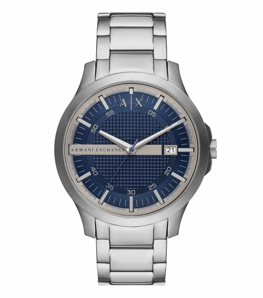 Armani Exchange silver watch, AX2451 model, displayed at a 45-degree angle with a classic round dial and sleek metal strap.