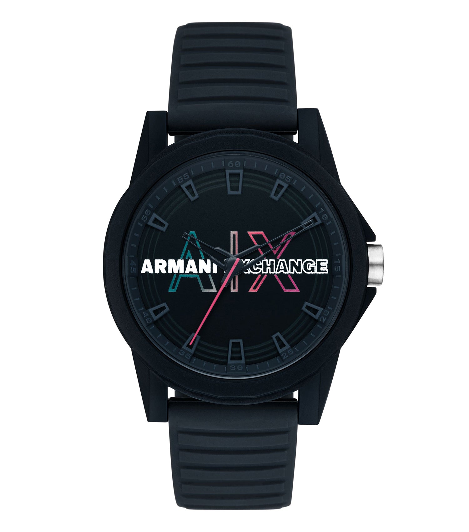 Armani Exchange watch with easygoing flow, dark color, stylish round face, side angle, showcasing refined design and elegance.