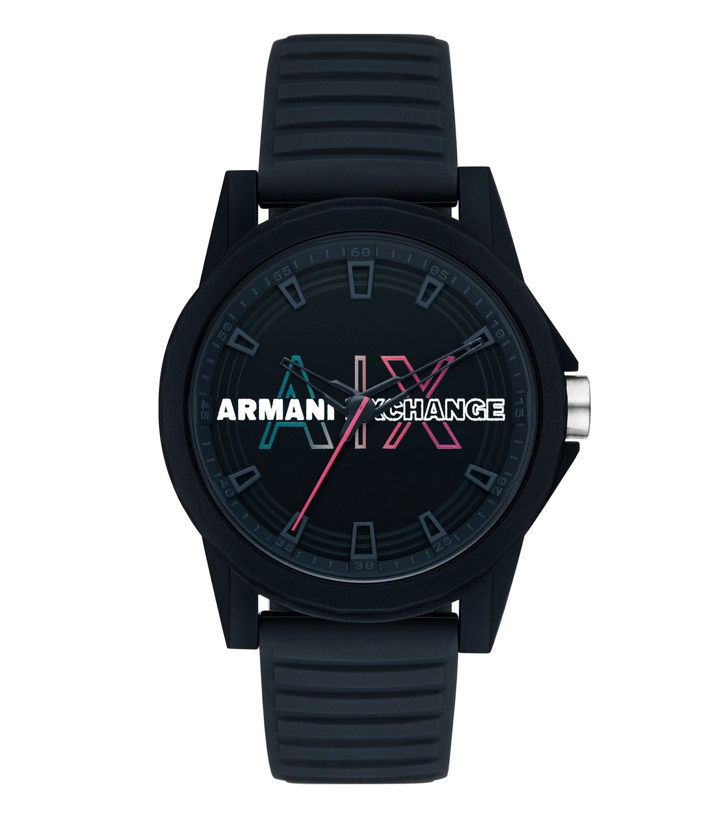Armani Exchange watch with easygoing flow, dark color, stylish round face, side angle, showcasing refined design and elegance.