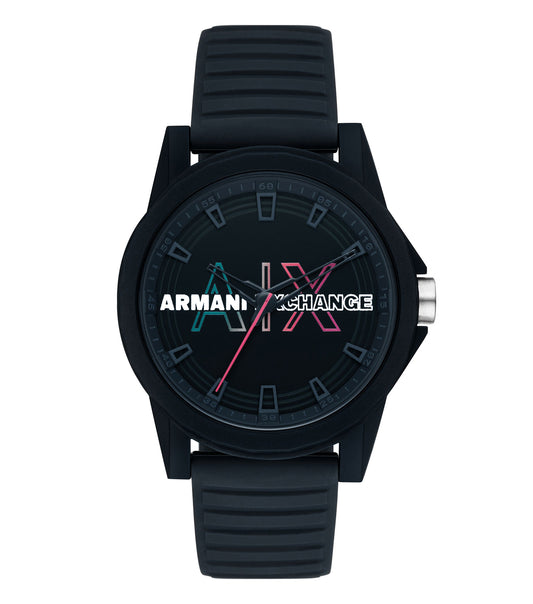 Armani Exchange watch with easygoing flow, dark color, stylish round face, side angle, showcasing refined design and elegance.