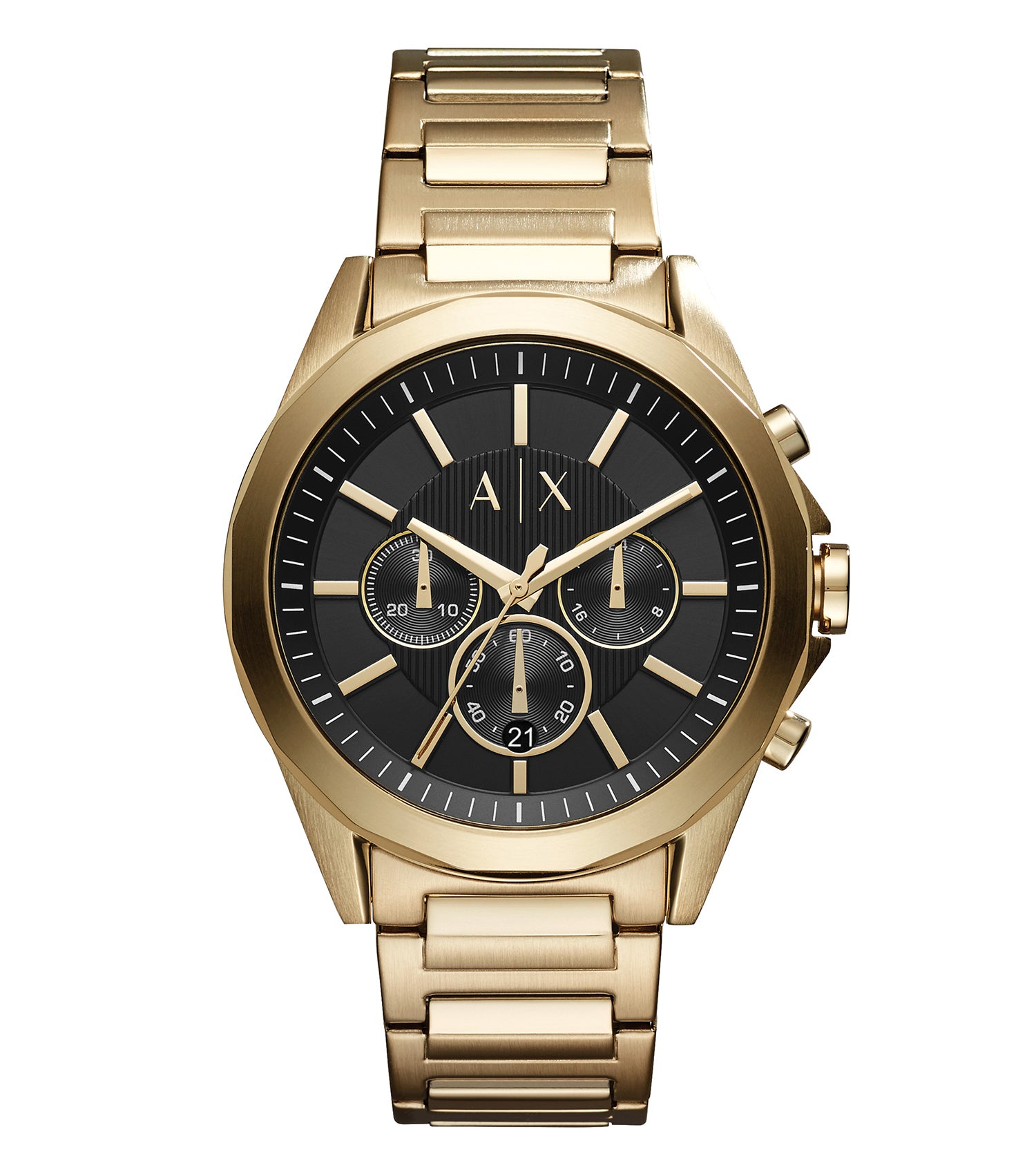 Armani Exchange men's watch in silver with a 44mm case, front view; sleek design with minimalist black dial and silver accents.