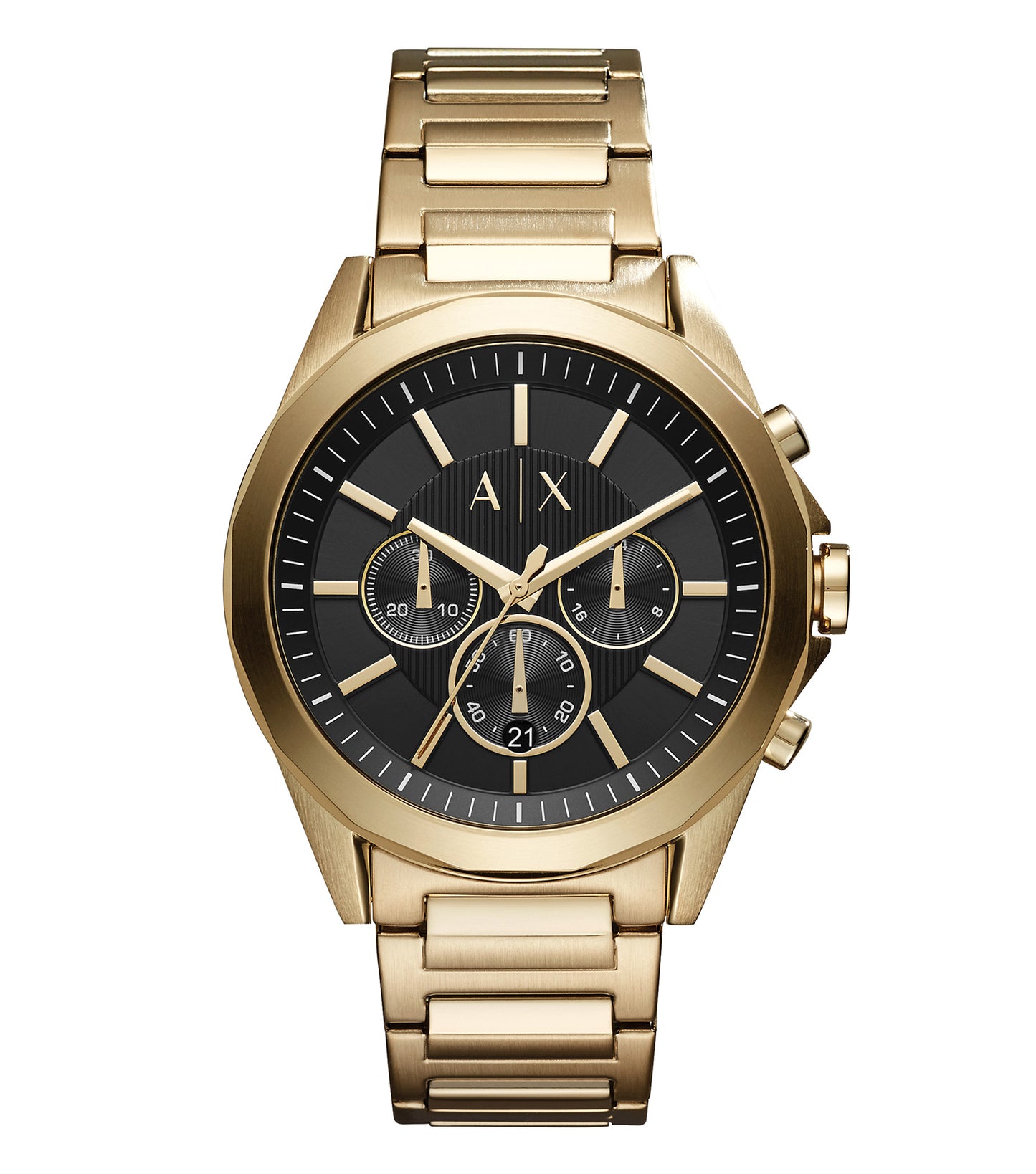 Armani Exchange men's watch in silver with a 44mm case, front view; sleek design with minimalist black dial and silver accents.