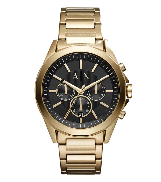 Armani Exchange men's watch in silver with a 44mm case, front view; sleek design with minimalist black dial and silver accents.