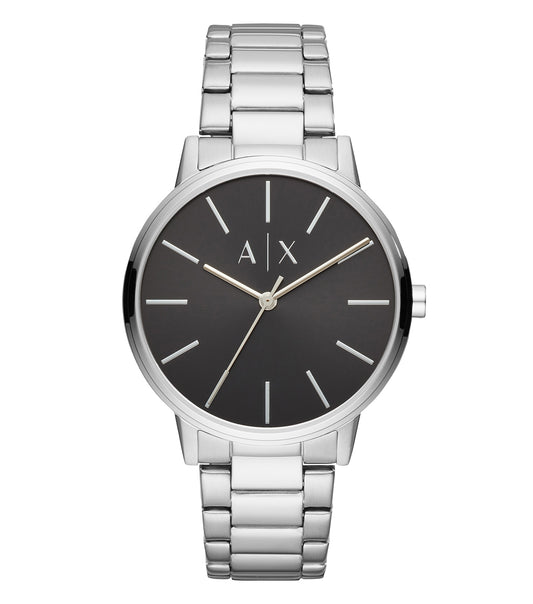 Armani Exchange quartz watch AX2700, silver tone, stylish close-up angle showcasing minimalistic design and elegant dial.
