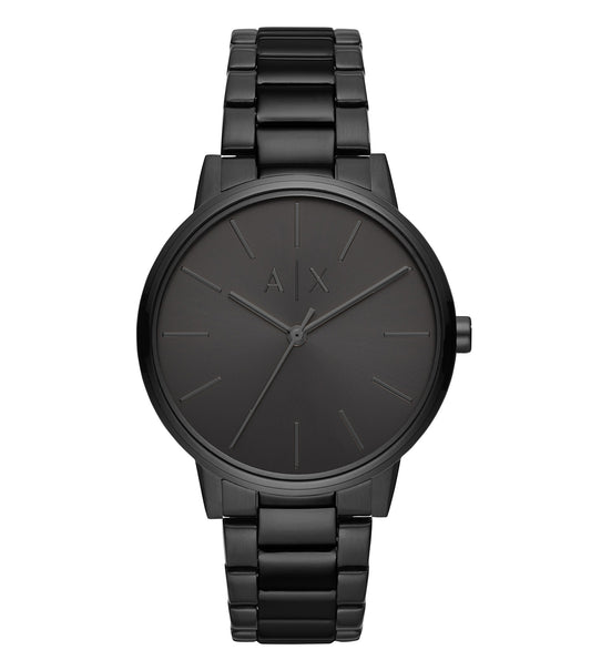 Armani Exchange quartz watch in elegant beige from a side angle, showcasing a minimalist dial and sleek strap design.