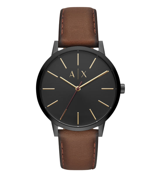 Armani Exchange quartz watch in gold tone, elegant design with textured dial and sleek band; front angled view showcasing style.
