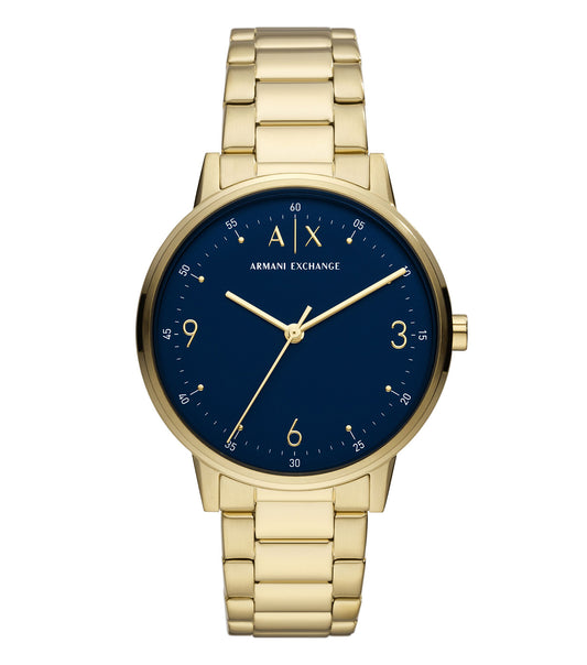 Elegant Armani Exchange Watch in Quartz color, angled at 42°, featuring sleek design with metallic accents and a branded watch face.