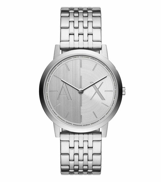 Armani Exchange silver watch, face-up view with sleek design and elegant band, showcasing modern luxury and craftsmanship.