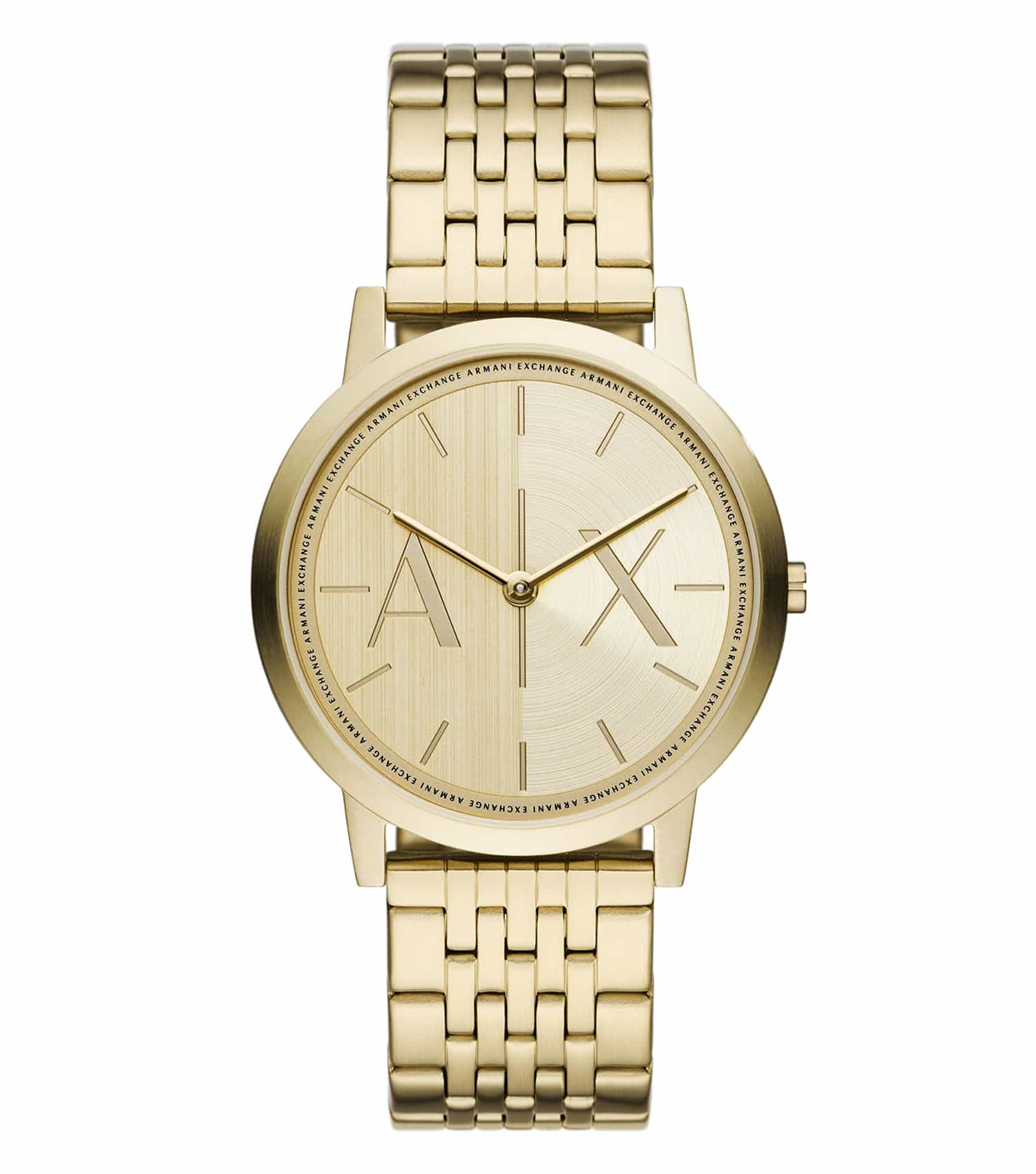 Armani Exchange quartz watch in silver, angled front view, showcasing sleek round face and metallic band in elegant design.