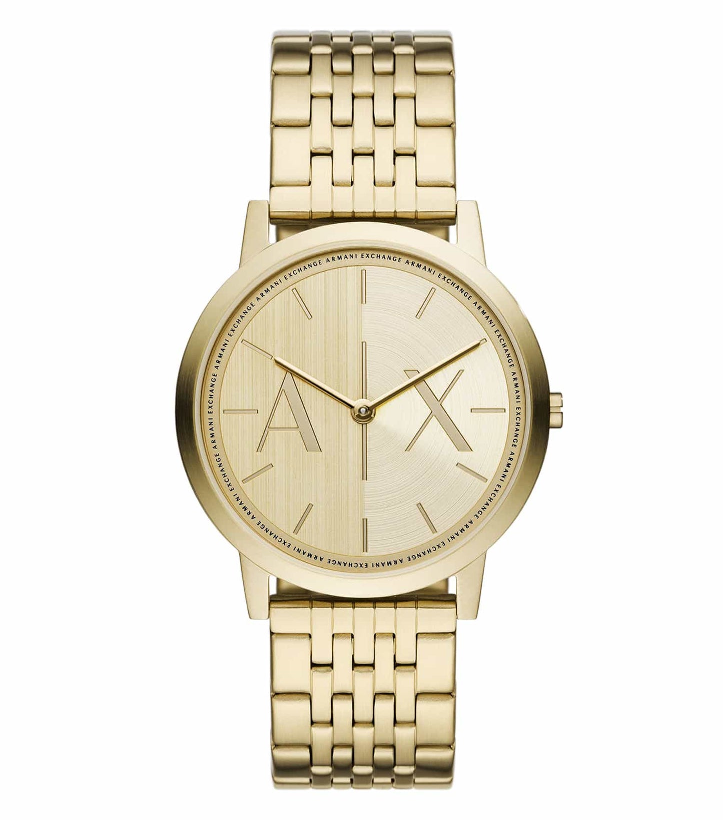 Armani Exchange quartz watch in silver, angled front view, showcasing sleek round face and metallic band in elegant design.