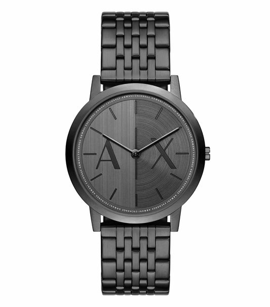 Armani Exchange black watch front angle view; sleek design with precision dial showcasing minimalist elegance.