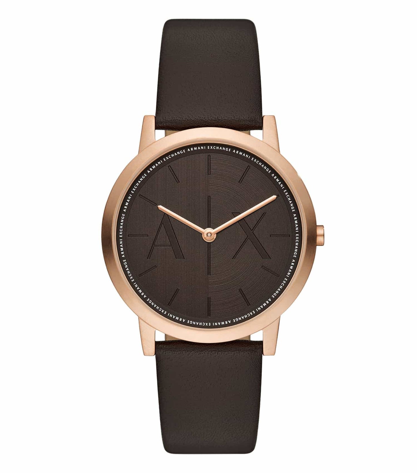 Armani Exchange watch in brown, showcasing a stylish design at a front angle, highlighting modern elegance and unique craftsmanship.