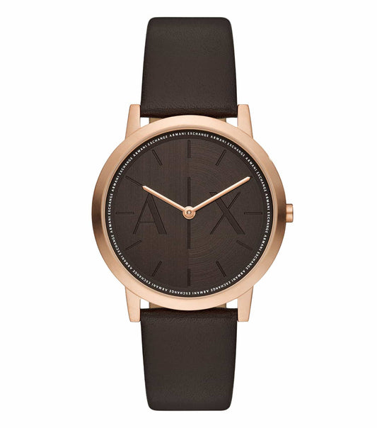 Armani Exchange watch in brown, showcasing a stylish design at a front angle, highlighting modern elegance and unique craftsmanship.