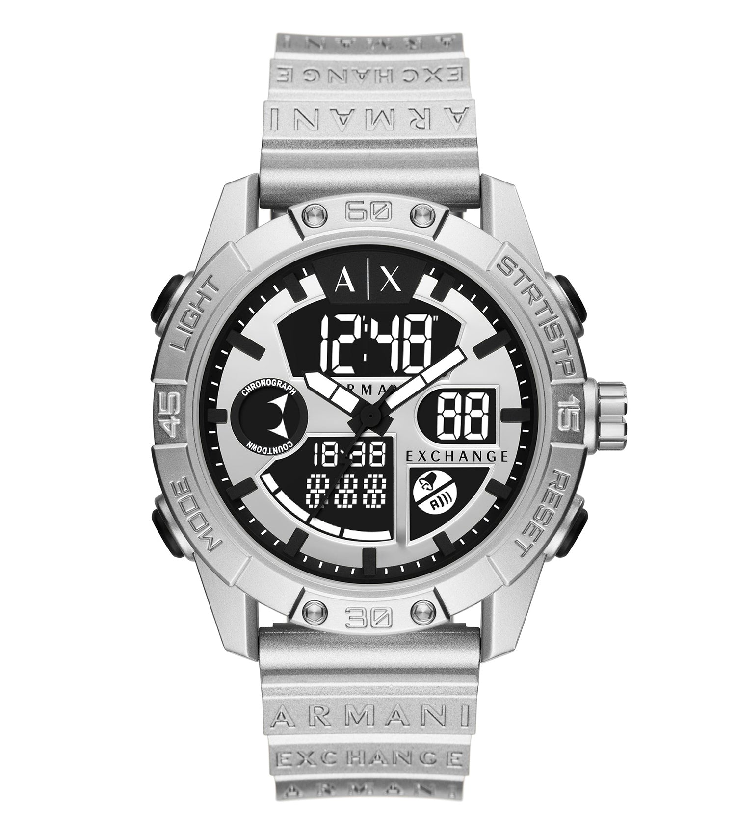 Armani Exchange black watch, model AX2965, showcasing an elegant face from a front angle; bold, sleek, and timeless design.