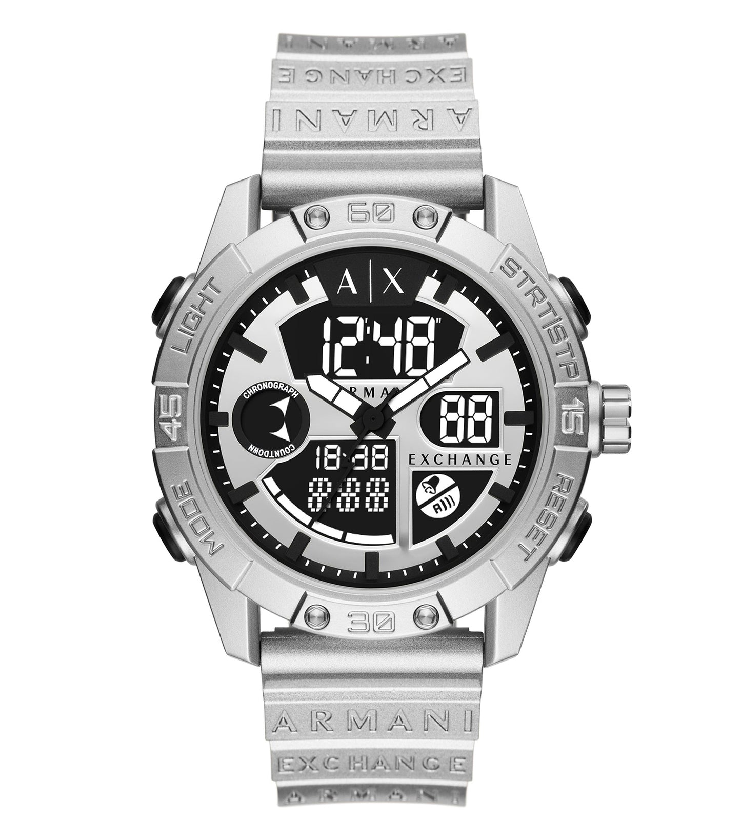 Armani Exchange black watch, model AX2965, showcasing an elegant face from a front angle; bold, sleek, and timeless design.