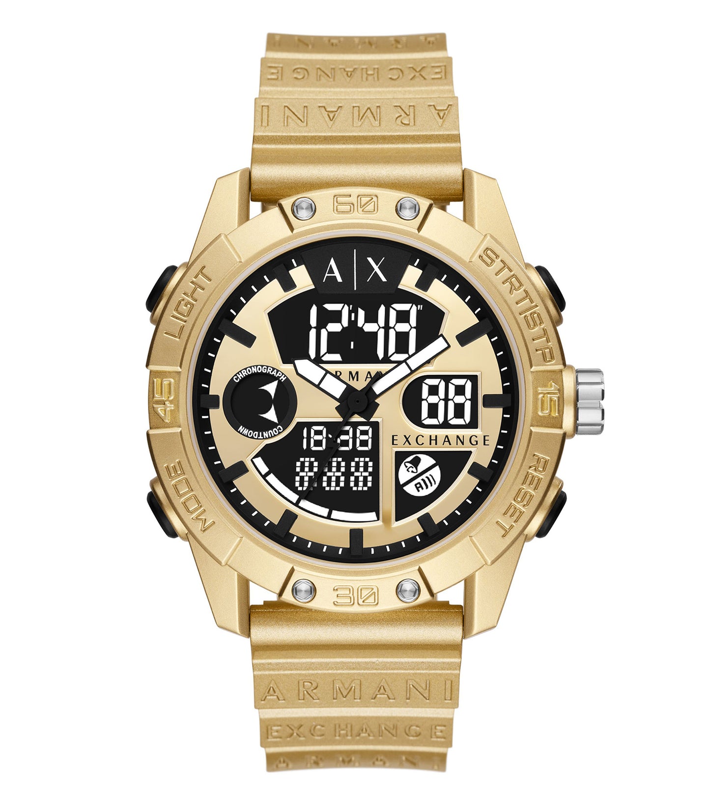 Black Armani Exchange watch, side angle view; features sleek design with distinctive logo, highlighting elegance and sophistication.