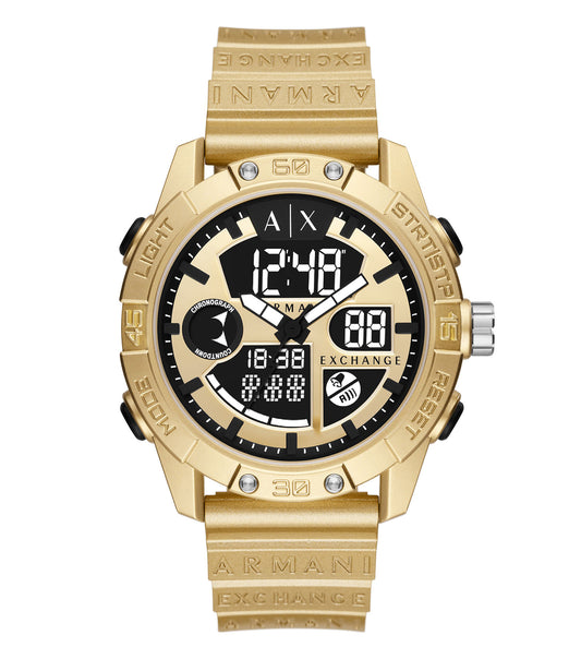 Black Armani Exchange watch, side angle view; features sleek design with distinctive logo, highlighting elegance and sophistication.