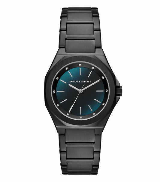 Armani Exchange Quartz watch, elegant and sleek, in a classic front angle showcasing its bold black dial and stainless steel strap.