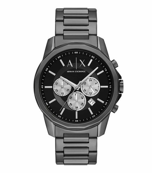 Elegant Armani Exchange watch on a white background, featuring a sleek black design, captured from an exquisite side angle.