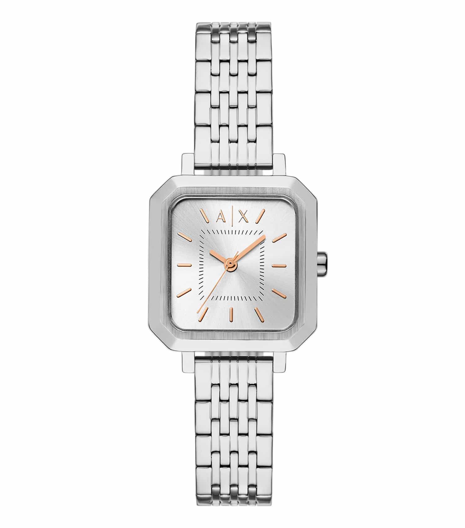 Armani Exchange quartz watch in side angle view, showcasing sleek design and single color, set on a plush textile background.