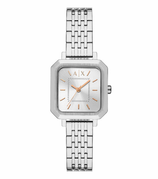 Armani Exchange quartz watch in side angle view, showcasing sleek design and single color, set on a plush textile background.