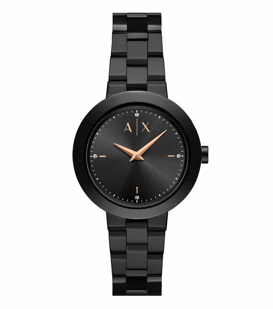 Armani Exchange quartz color watch with gold-tone case and mesh strap, displayed at a slight side angle against white background.