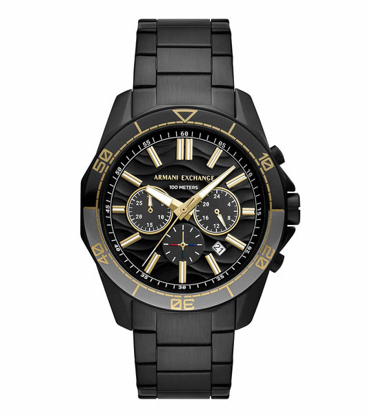 Armani Exchange Quartz watch in silver, top-view angle; featuring a minimalist design with a sleek bezel and stainless steel strap.
