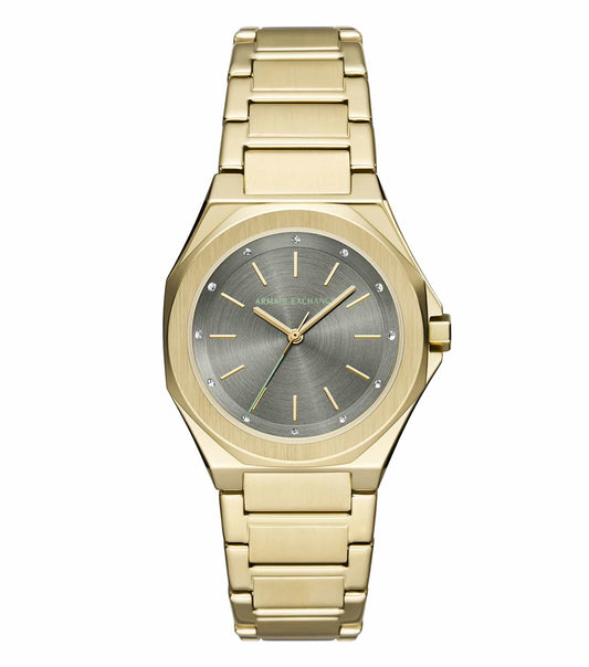 Sleek Armani Exchange watch with deep blue face and silver mesh band, angled slightly to the right showcasing elegance.