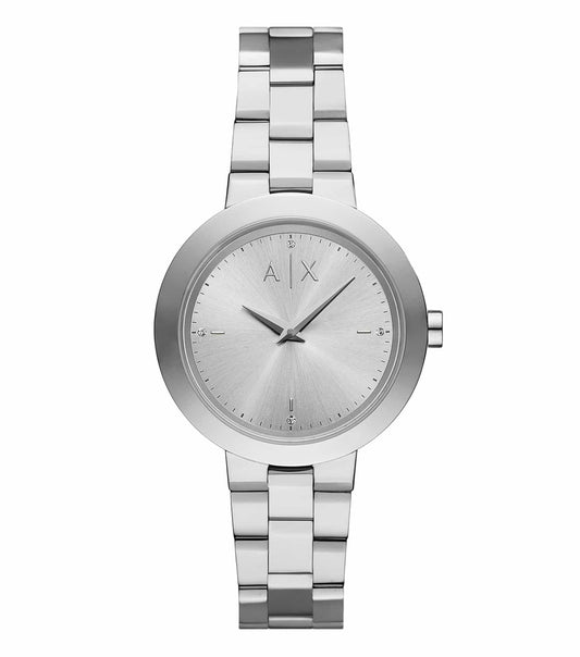 Elegant Armani Exchange Quartz Watch in close-up angle, showcasing a sleek black dial and silver accents, exuding timeless sophistication.