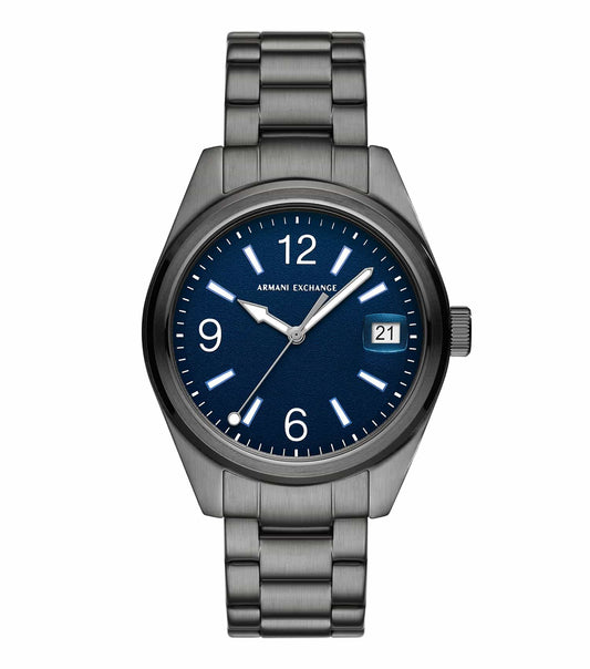 Armani Exchange quartz watch in a soft hue displayed at a three-quarter angle showcasing its sleek design and minimalist face.