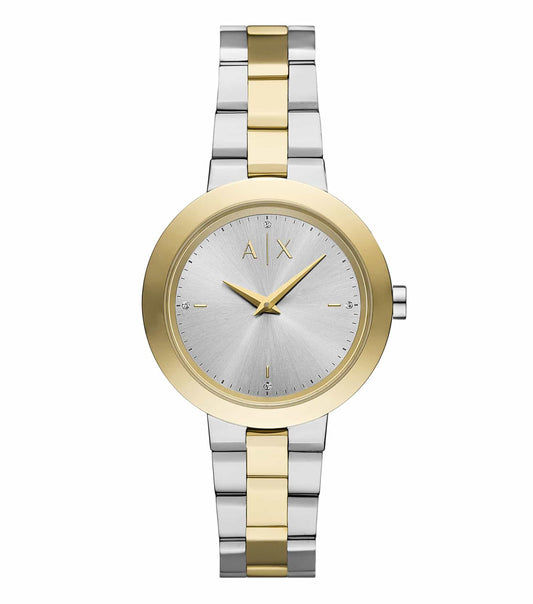 Armani Exchange quartz watch displayed at a 90-degree angle, featuring a sleek minimalist design and black dial, silver-tone finish.