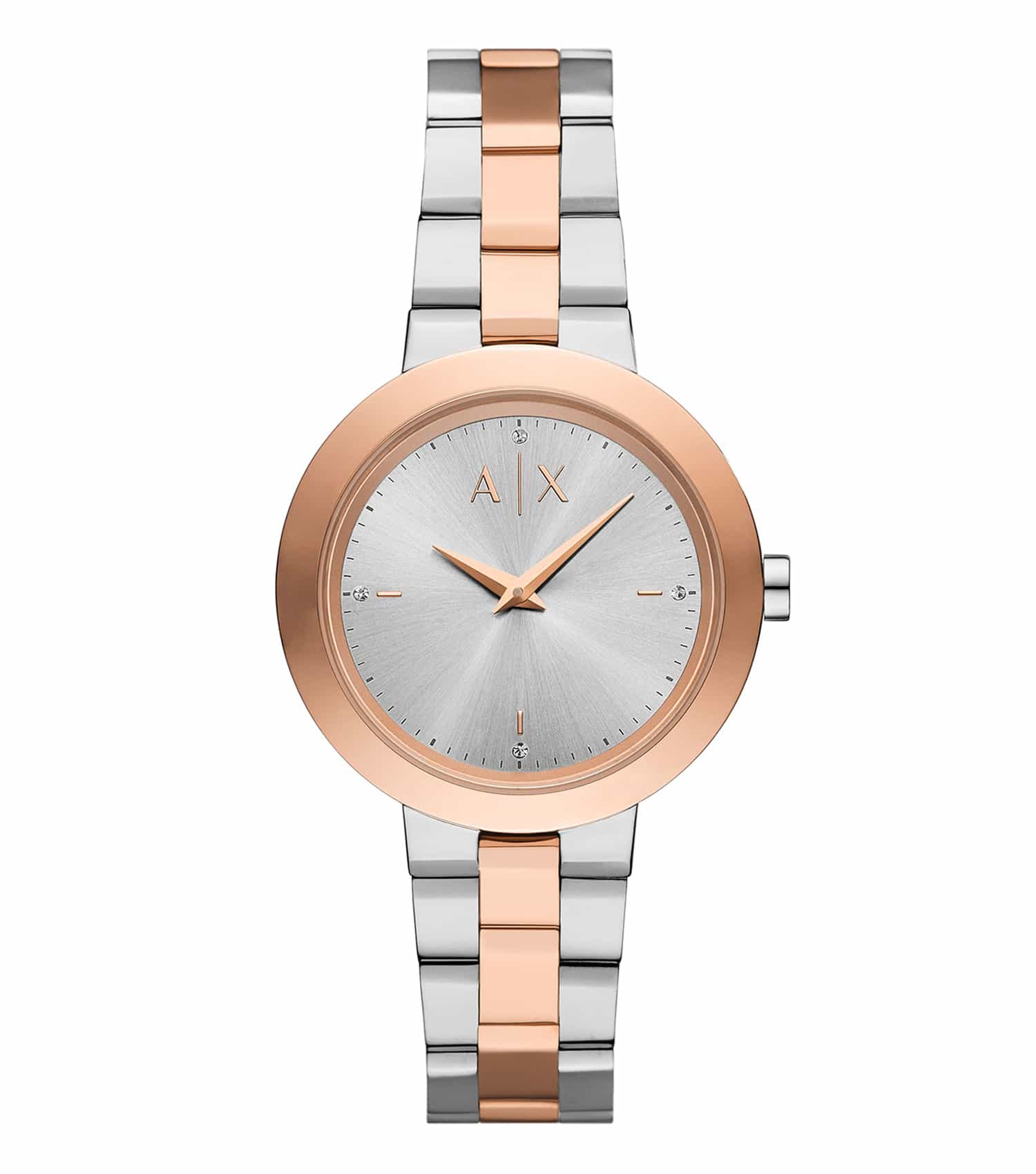Armani Exchange quartz watch with a black dial and logo, silver-tone mesh strap; side angle showcasing minimalist design.