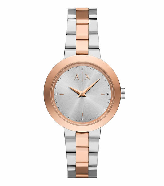 Armani Exchange quartz watch with a black dial and logo, silver-tone mesh strap; side angle showcasing minimalist design.