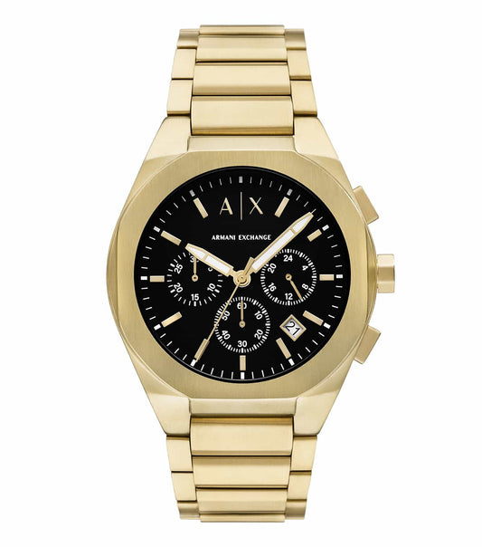 Armani Exchange quartz watch with a round face and chrome finish, displayed at a slight angle emphasizing its sleek design.
