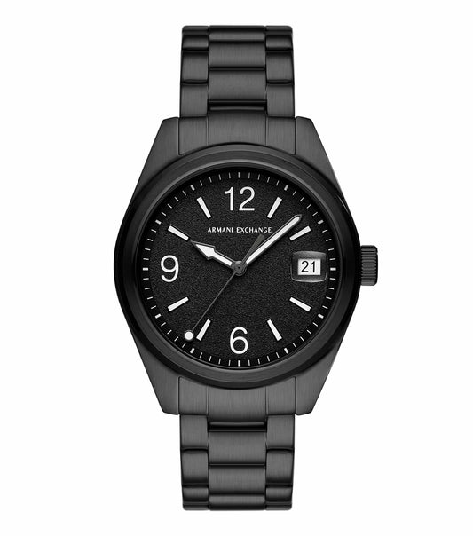 Armani Exchange quartz watch with elegant black leather strap, rose gold dial, intricate gear details, photographed head-on.