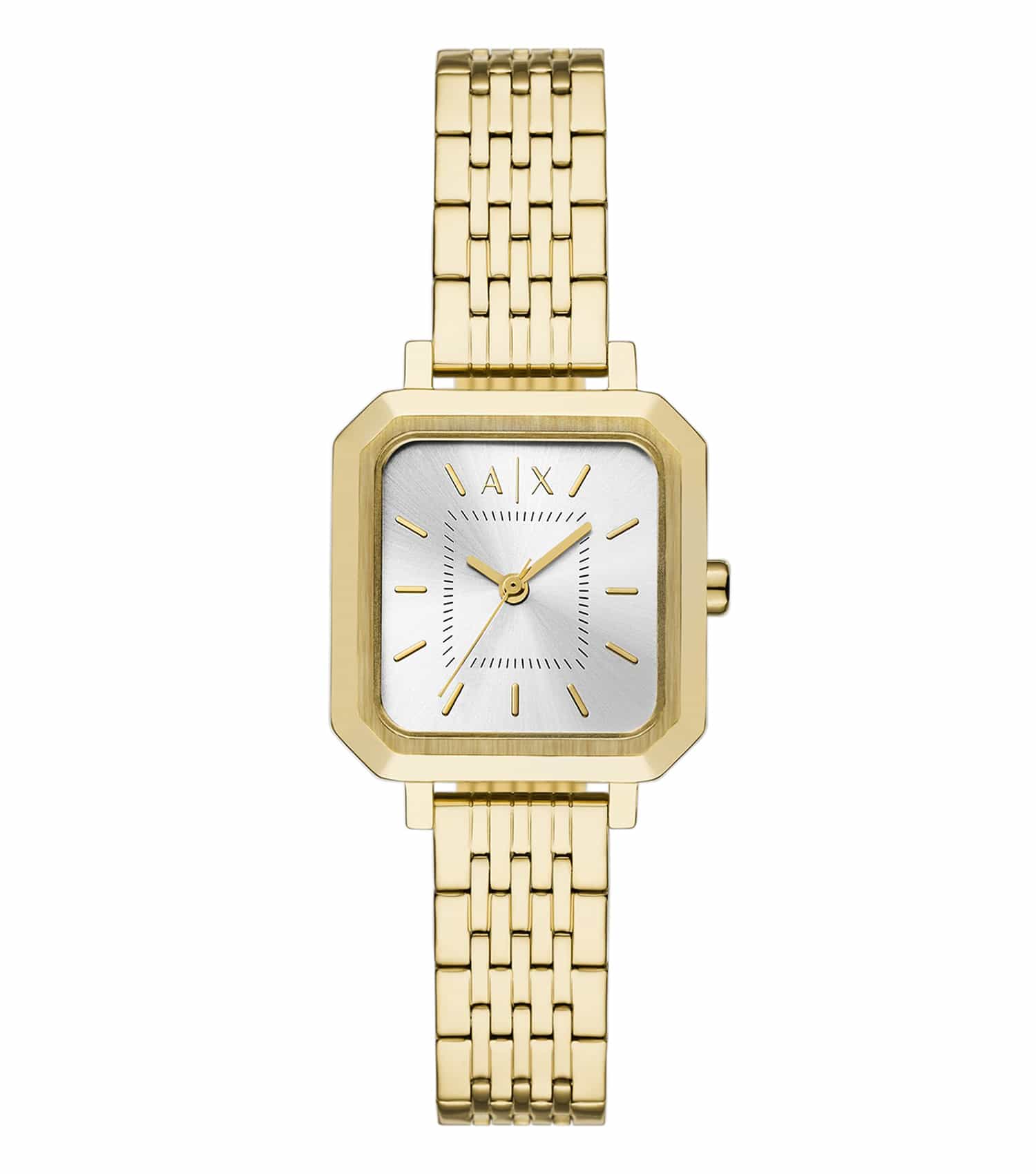 Armani Exchange Quartz watch in silver, front angle view, sleek metallic strap, minimalist black dial, exudes sophistication.