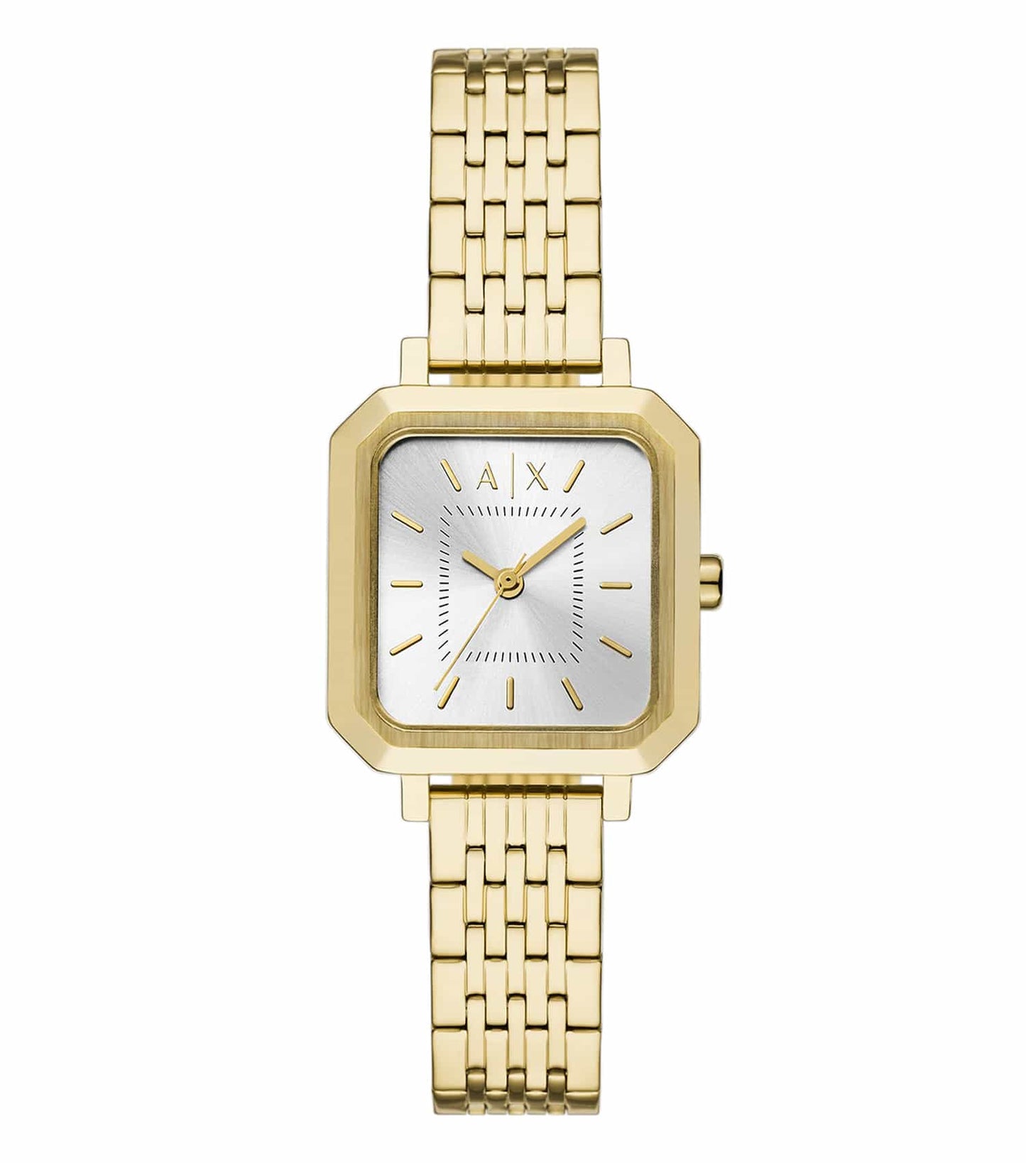 Armani Exchange Quartz watch in silver, front angle view, sleek metallic strap, minimalist black dial, exudes sophistication.