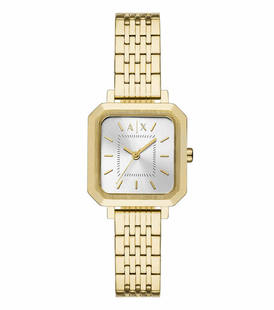 Armani Exchange Quartz watch in silver, front angle view, sleek metallic strap, minimalist black dial, exudes sophistication.