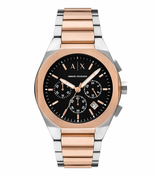 Armani Exchange watch in quartz color with a minimalist design, silver accents, side angle showcasing the sleek circular face and strap.