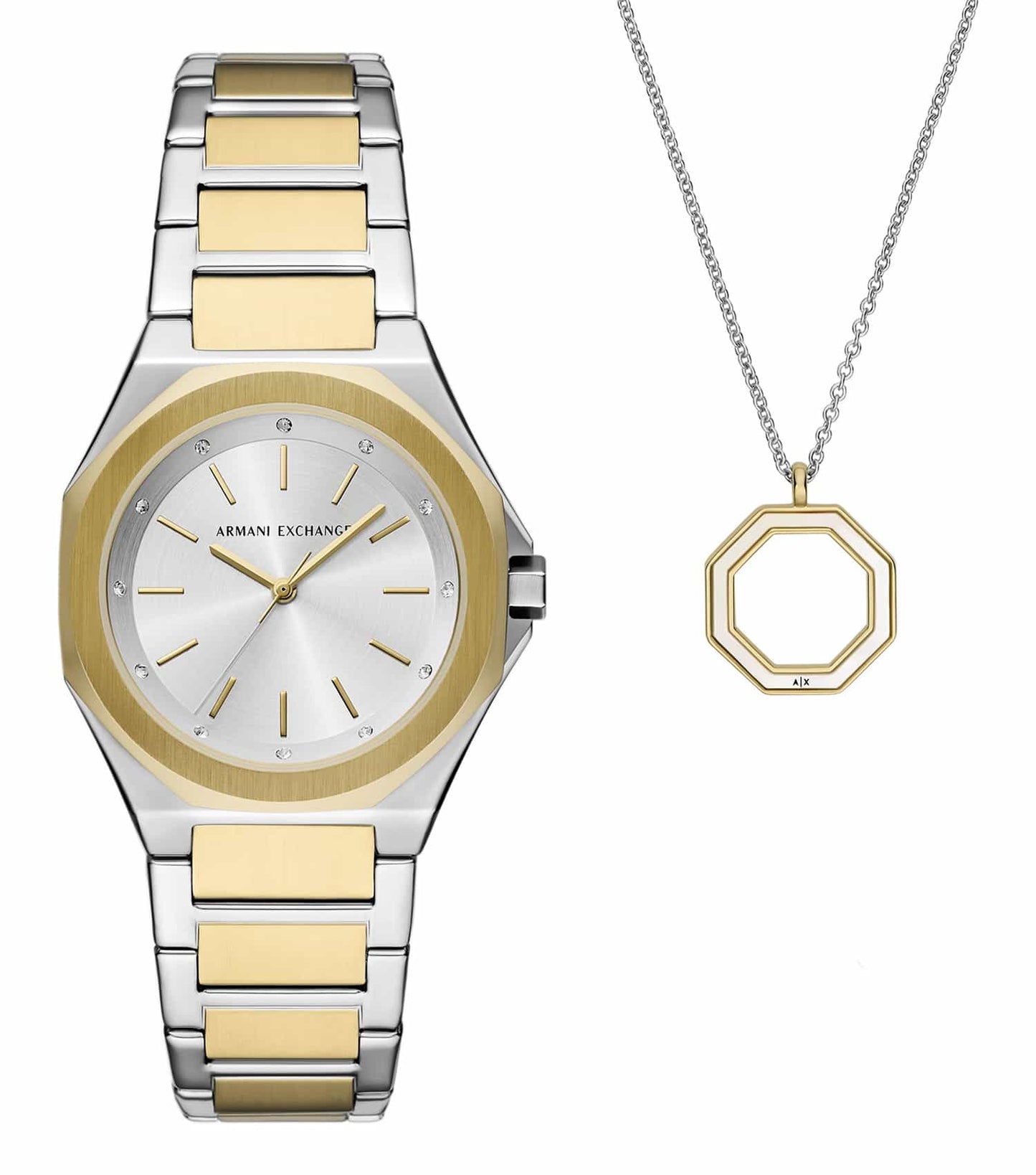 Armani Exchange sleek one-color watch, front-angle view, featuring Roman numerals, luminous hands, and a leather strap design.