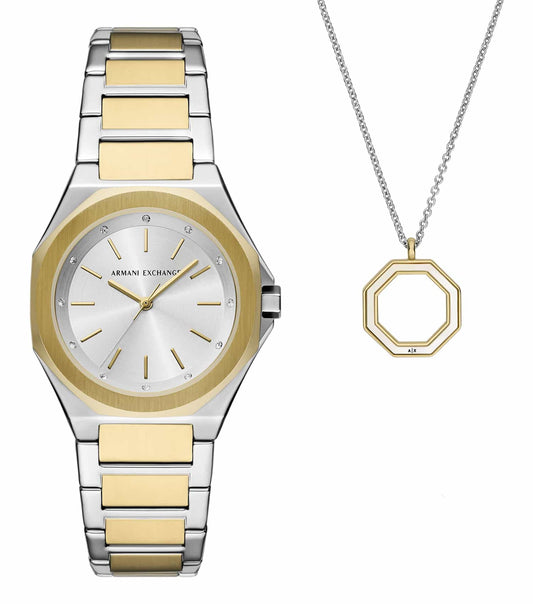 Armani Exchange sleek one-color watch, front-angle view, featuring Roman numerals, luminous hands, and a leather strap design.