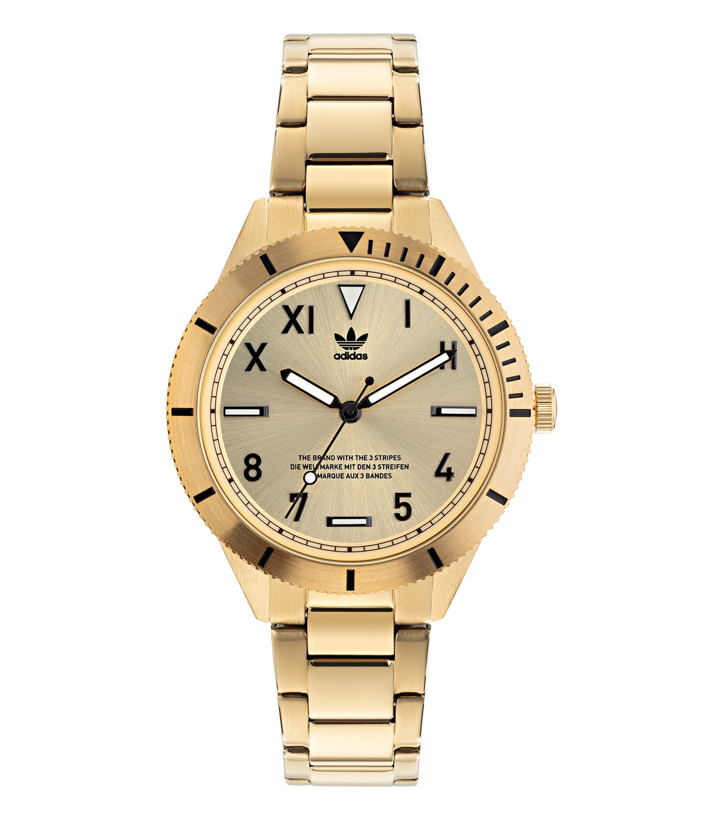 Adidas watch in monochrome, displaying a timeless white dial and sleek stainless steel frame, side angle showcasing minimalist design.