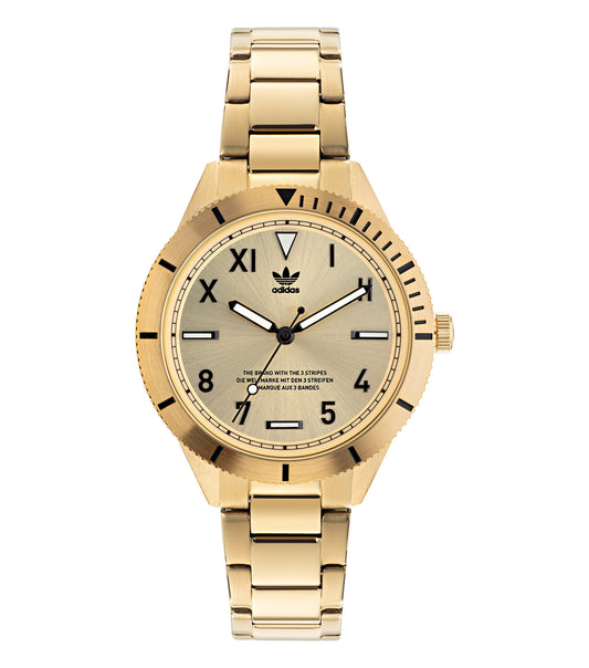 Adidas watch in monochrome, displaying a timeless white dial and sleek stainless steel frame, side angle showcasing minimalist design.