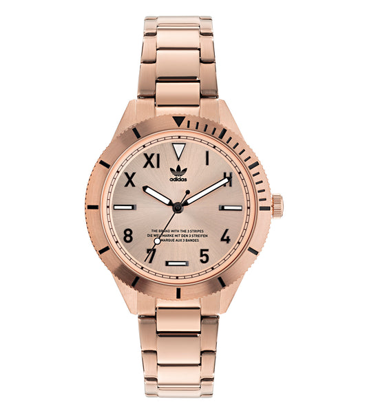 Adidas watch in a neutral color, side angle view showcasing intricate dial details, elegant black strap, and sleek bezel design