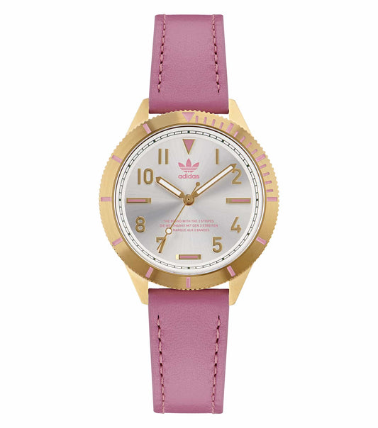 Adidas watch with sleek, round dial in vibrant color, featuring elegant hands and logo, captured in a side angle.