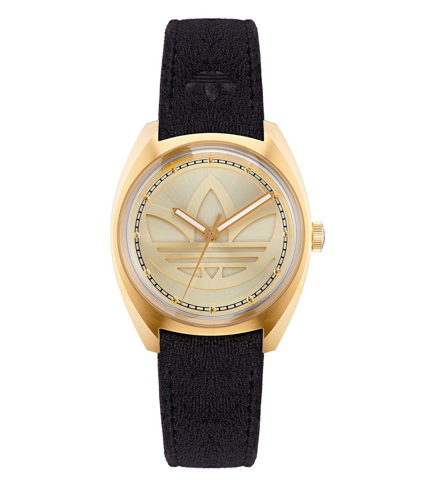 Adidas Quartz Watch with black strap, white dial, and sporty minimalist design, angled at 39 degrees, showcasing elegance.
